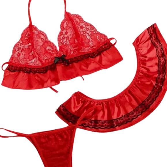 Medium 3 Piece Women's Lace Ruffle Sexy Bra Thong Lingerie Set - Picture 1 of 5